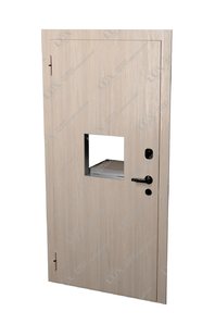 металлическая кассовая дверь с окошком (открывание внутрь), отделка ламинат