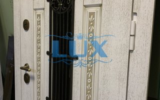 дверь с кованым элементом поверх стекла